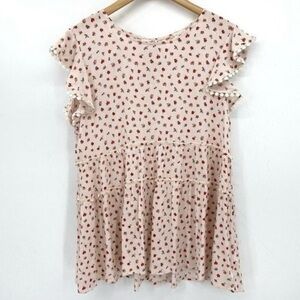 Altar'd State Pink Floral Lightweight Tiered Short Flutter Sleeve Medium Top